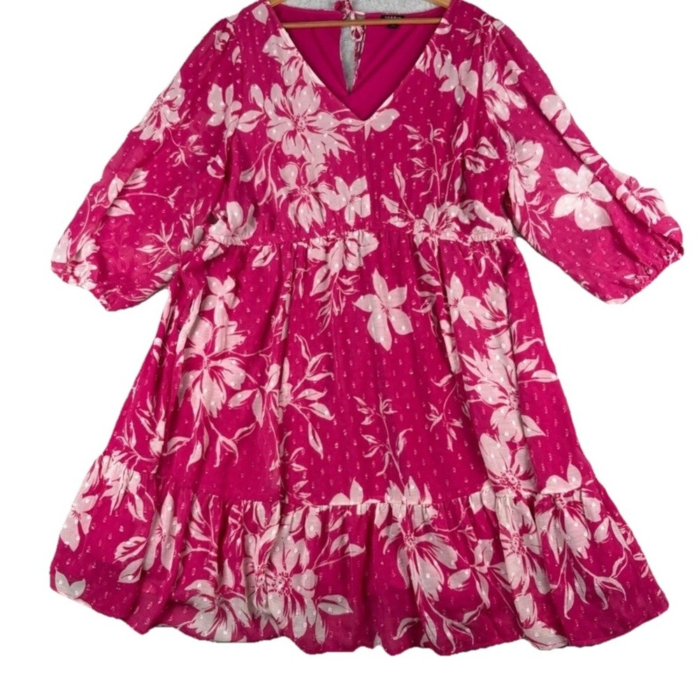 Torrid Plus Size‎ 3 Hot Pink Clip Dot Tropical Floral Mini Babydoll V Neck Dress - Picture 2 of 11